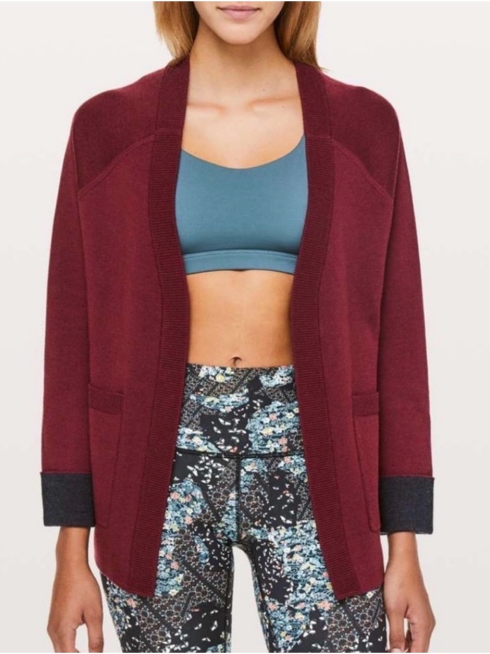 lululemon athletica burgundy cardigan with charcoal cuffs